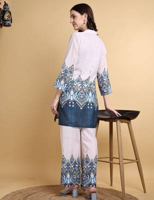 Off white color smart maharaja linen fabric designer printed smart girlie co-ord set 2