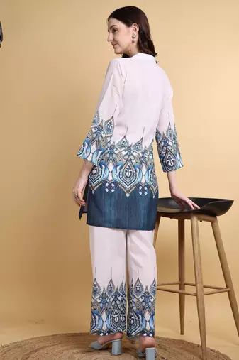 Off white color smart maharaja linen fabric designer printed smart girlie co-ord set