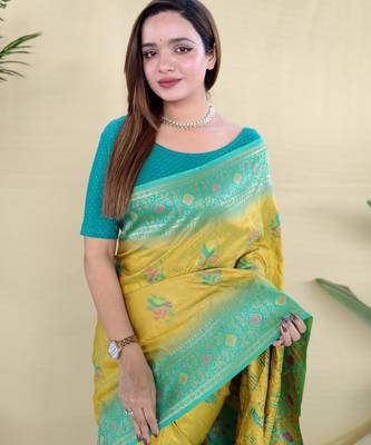 Mustard pure zari weaving silk saree with imaginative blouse piece 3