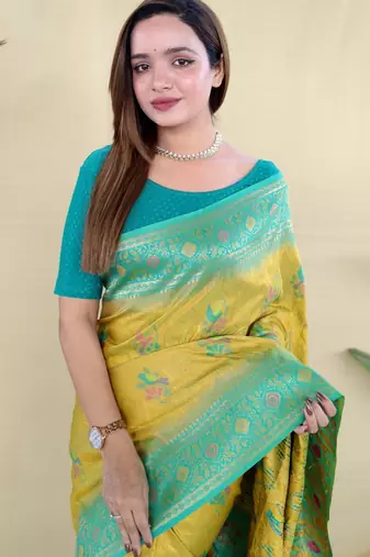 Mustard pure zari weaving silk saree with imaginative blouse piece