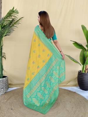 Mustard pure zari weaving silk saree with imaginative blouse piece 4