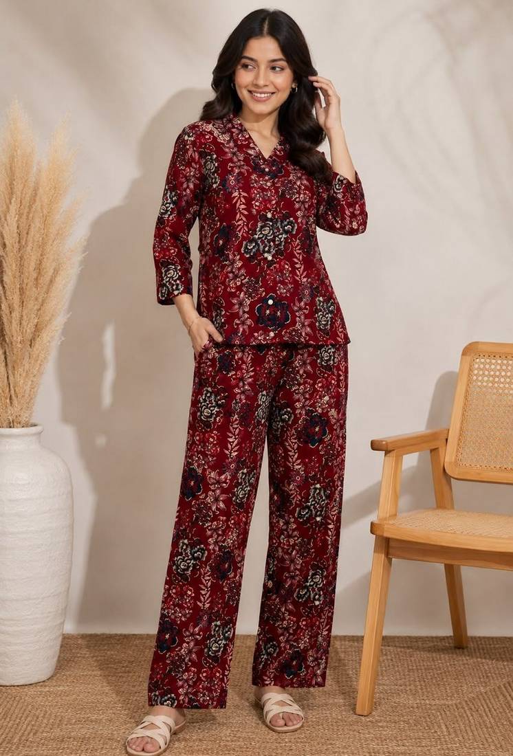 Maroon color smart rayon cotton fabric designer printed smart girlie co-ord set