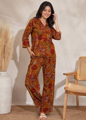 Mustard color smart rayon cotton fabric designer printed smart girlie co-ord set 1