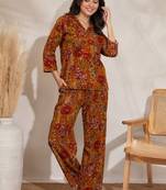 Mustard color smart rayon cotton fabric designer printed smart girlie co-ord set