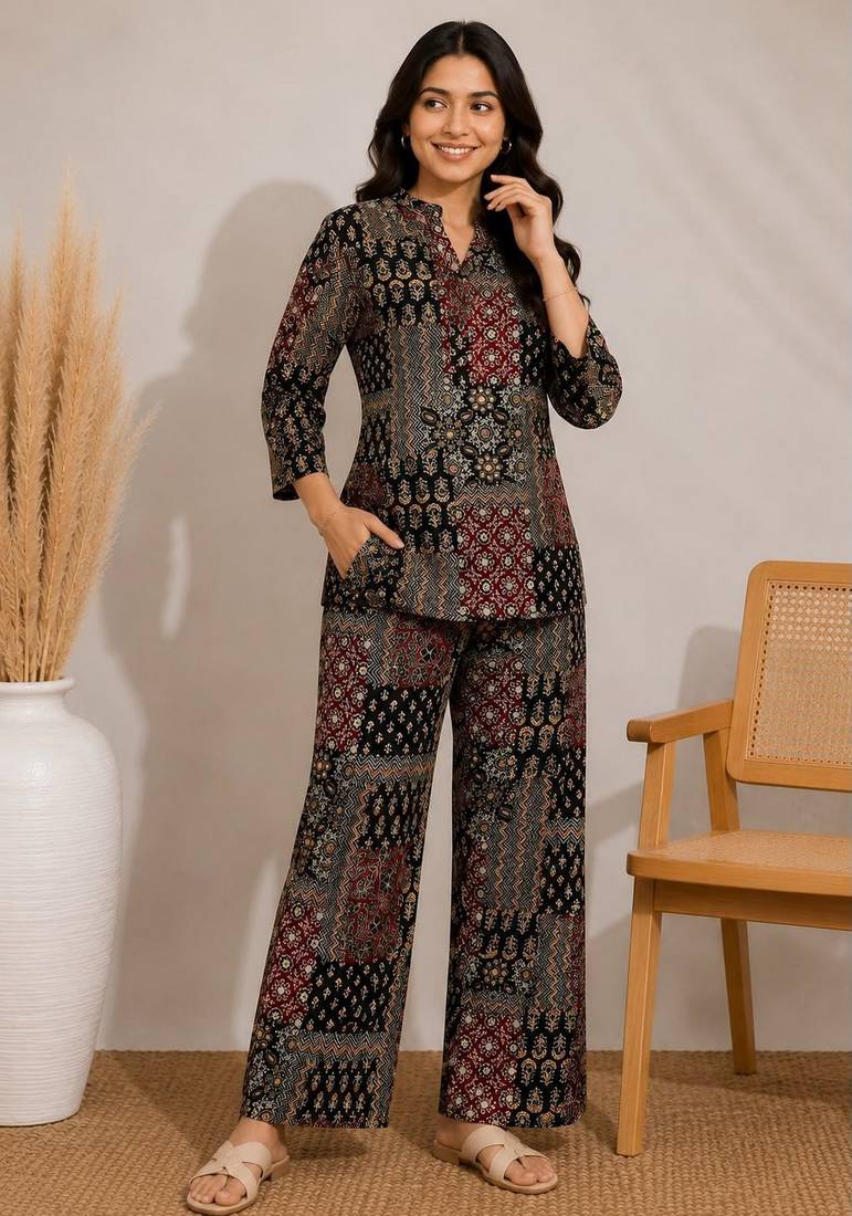 Black color smart rayon cotton fabric designer printed smart girlie co-ord set