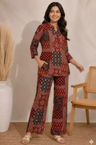 Maroon color smart rayon cotton fabric designer printed smart girlie co-ord set