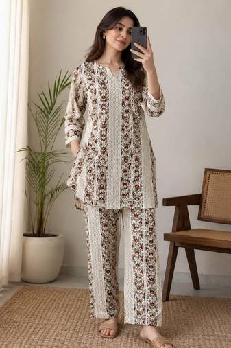 Off white color smart rayon cotton fabric designer printed smart girlie co-ord set