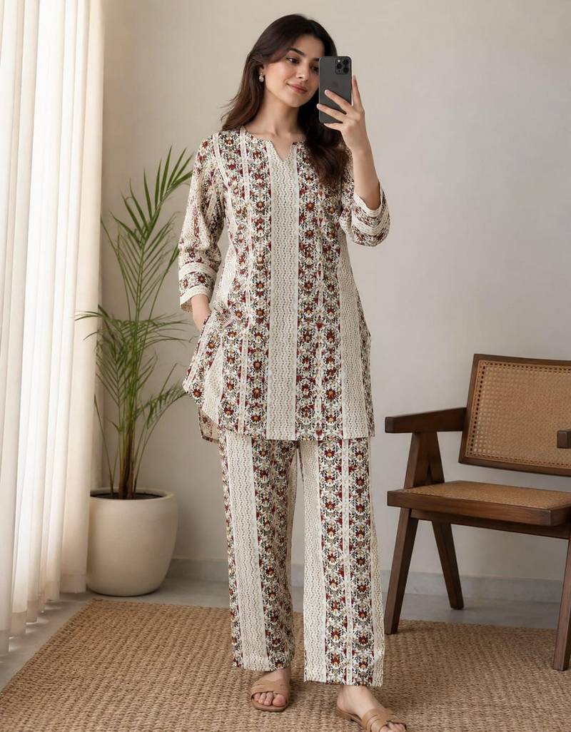 Off white color smart rayon cotton fabric designer printed smart girlie co-ord set