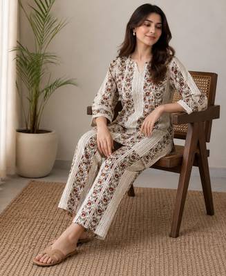 Off white color smart rayon cotton fabric designer printed smart girlie co-ord set 3