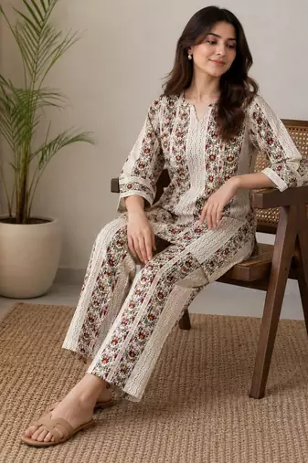 Off white color smart rayon cotton fabric designer printed smart girlie co-ord set