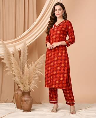Red color delta silk fabric designer printed graceful girlie casual kurta set 1