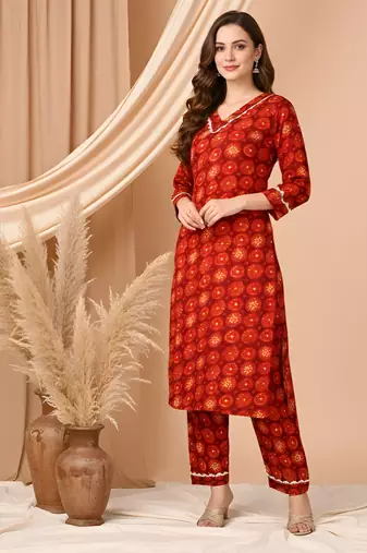 Red color delta silk fabric designer printed graceful girlie casual kurta set