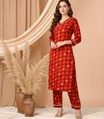 Red color delta silk fabric designer printed graceful girlie casual kurta set