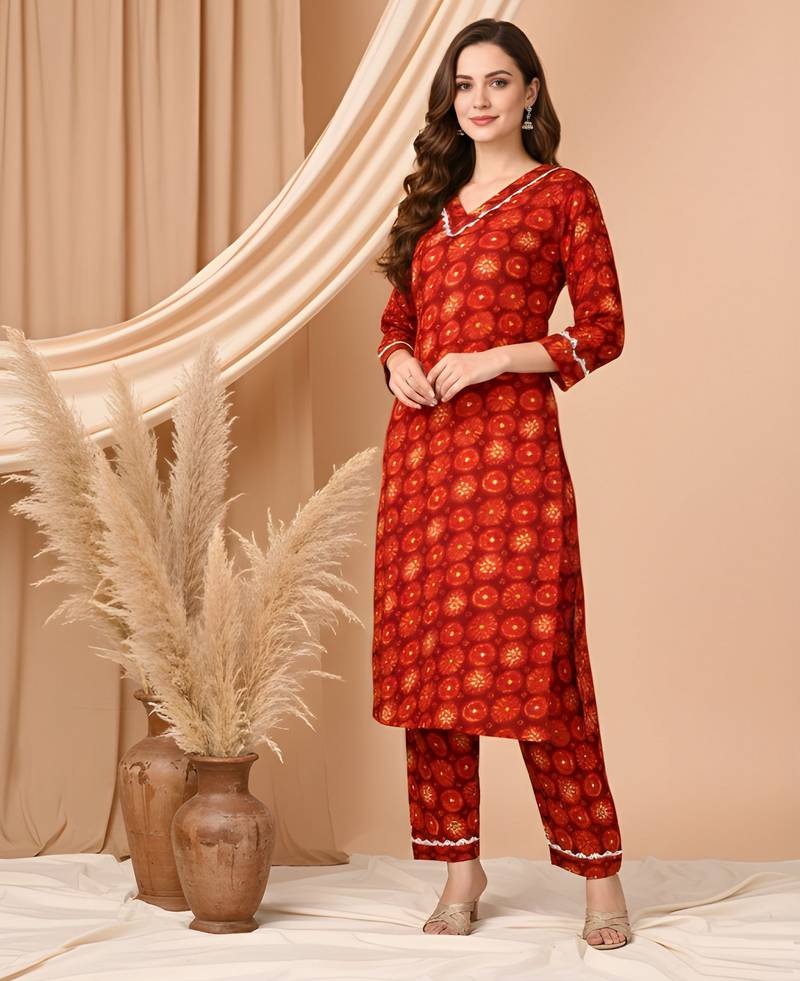 Red color delta silk fabric designer printed graceful girlie casual kurta set