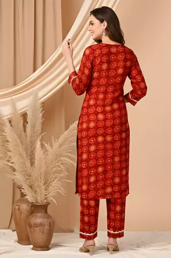 Red color delta silk fabric designer printed graceful girlie casual kurta set