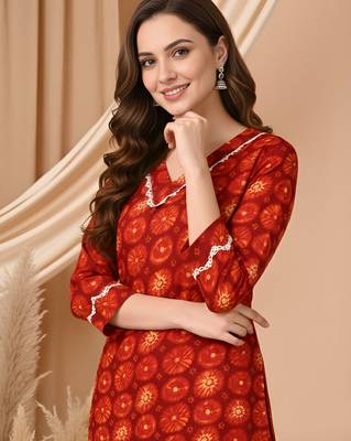 Red color delta silk fabric designer printed graceful girlie casual kurta set 3
