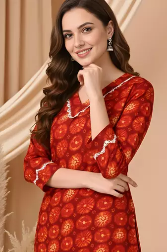 Red color delta silk fabric designer printed graceful girlie casual kurta set
