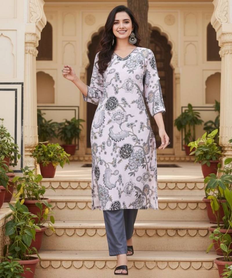 White color cotton fabric designer printed graceful girlie casual kurta set
