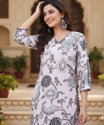 White color cotton fabric designer printed graceful girlie casual kurta set 3