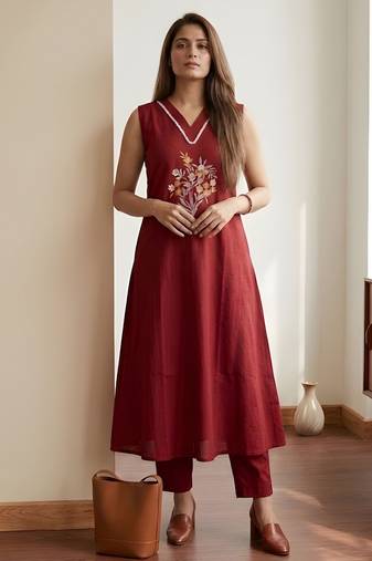 Maroon color soft cotton fabric embroidery work graceful girlie casual kurta set