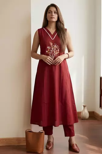 Maroon color soft cotton fabric embroidery work graceful girlie casual kurta set