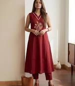 Maroon color soft cotton fabric embroidery work graceful girlie casual kurta set