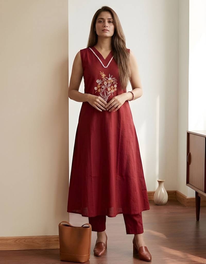 Maroon color soft cotton fabric embroidery work graceful girlie casual kurta set