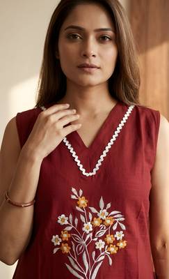 Maroon color soft cotton fabric embroidery work graceful girlie casual kurta set 3