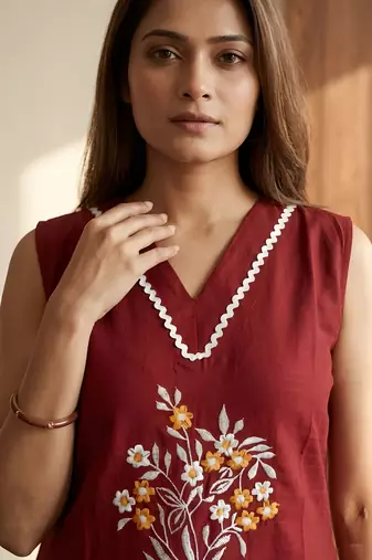 Maroon color soft cotton fabric embroidery work graceful girlie casual kurta set