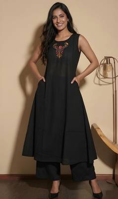 Black color soft cotton fabric embroidery work graceful girlie casual kurta set 1