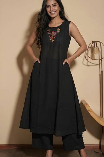 Black color soft cotton fabric embroidery work graceful girlie casual kurta set