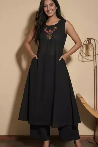 Black color soft cotton fabric embroidery work graceful girlie casual kurta set