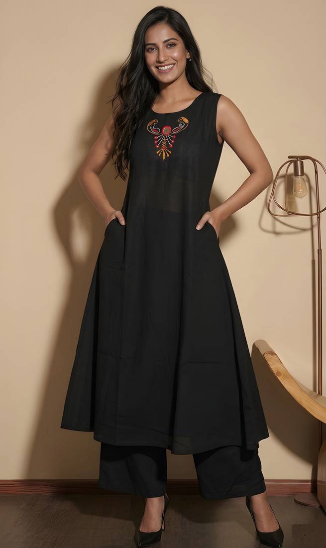 Black color soft cotton fabric embroidery work graceful girlie casual kurta set