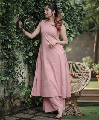 Peach color soft cotton fabric hand work graceful girlie casual kurta set 1