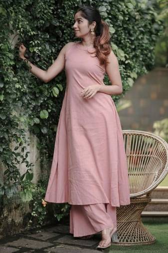 Peach color soft cotton fabric hand work graceful girlie casual kurta set