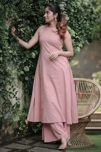 Peach color soft cotton fabric hand work graceful girlie casual kurta set