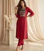 Maroon color roman silk fabric designer printed graceful girlie casual kurta set