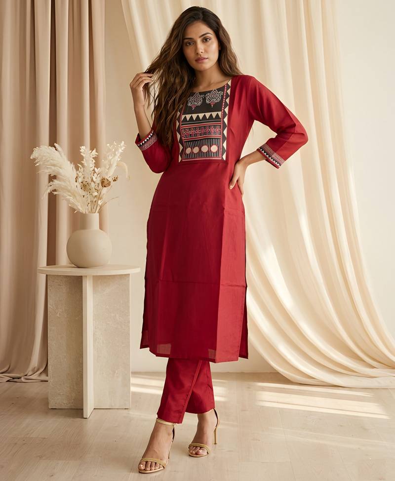 Maroon color roman silk fabric designer printed graceful girlie casual kurta set