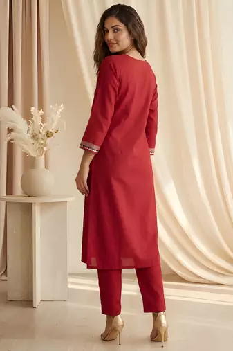Maroon color roman silk fabric designer printed graceful girlie casual kurta set