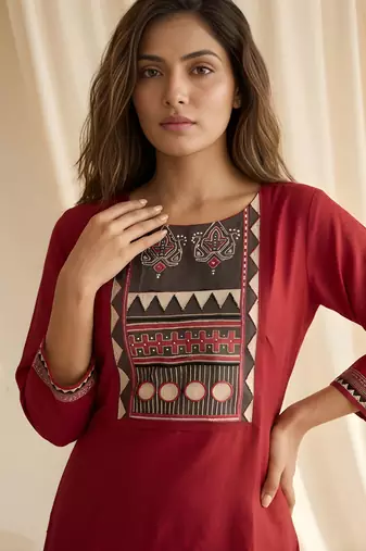 Maroon color roman silk fabric designer printed graceful girlie casual kurta set