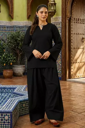 Black color stylish cotton fabric readymade top bottom coord set dress