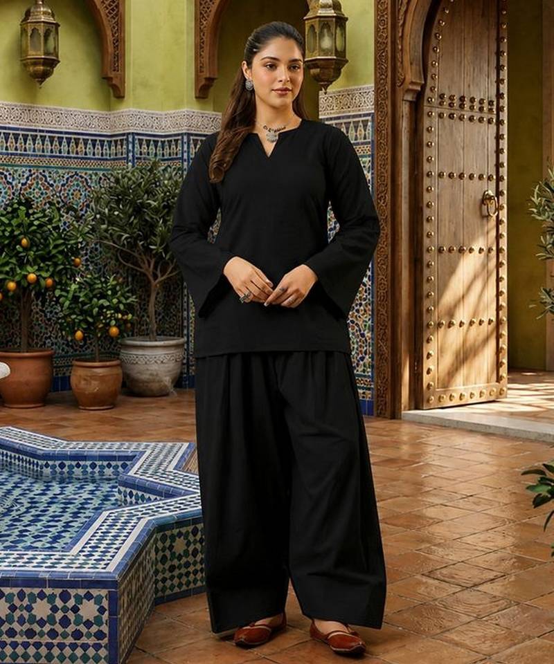 Black color stylish cotton fabric readymade top bottom coord set dress