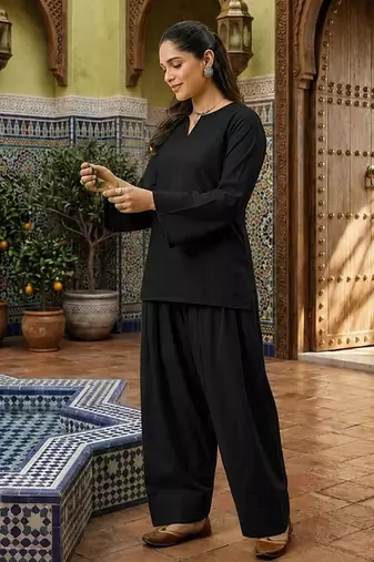 Black color stylish cotton fabric readymade top bottom coord set dress