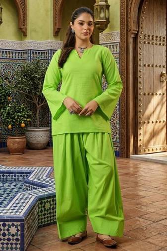Green color stylish cotton fabric readymade top bottom coord set dress