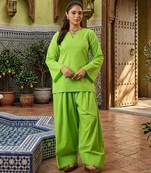 Green color stylish cotton fabric readymade top bottom coord set dress