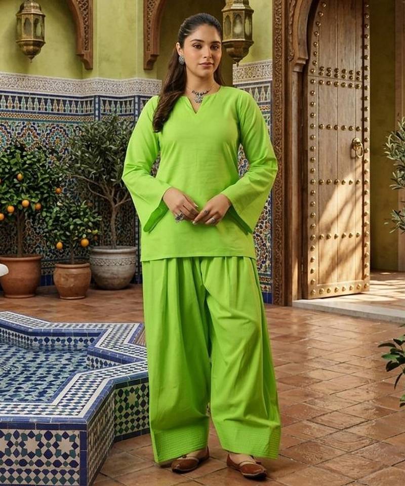 Green color stylish cotton fabric readymade top bottom coord set dress