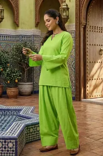 Green color stylish cotton fabric readymade top bottom coord set dress