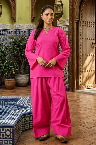Pink color stylish cotton fabric readymade top bottom coord set dress