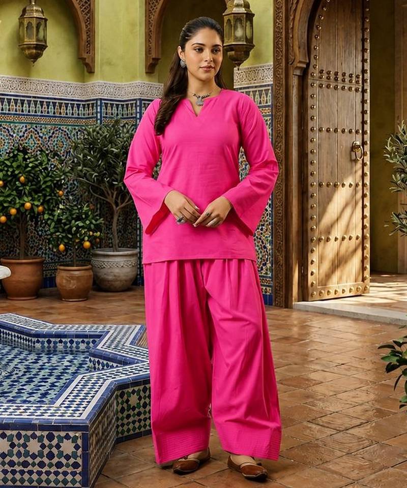 Pink color stylish cotton fabric readymade top bottom coord set dress