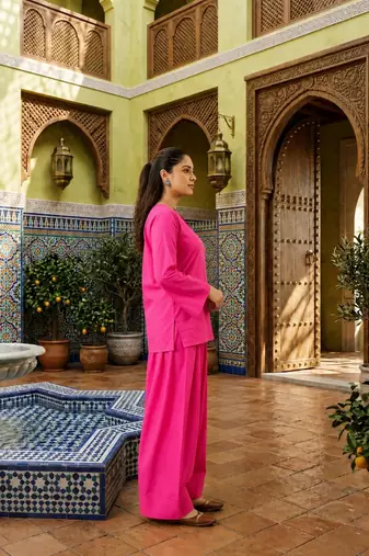 Pink color stylish cotton fabric readymade top bottom coord set dress
